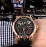 Replica Roger Dubuis Excalibur Double Flying Tourbillon Watches Black Skeleton Dial Rose Gold